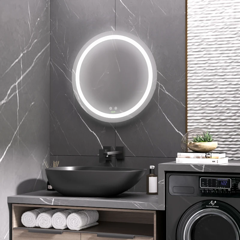 kleankin Miroir de salle de bain rond LED Ø 60 cm miroir mural avec éclairage interrupteur tactile fonction de mémoire système anti-buée aluminium