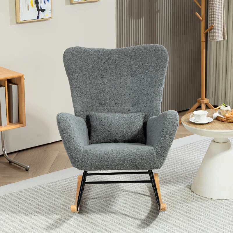HOMCOM Poltrona Baloiço em Borrego Poltrona para Amamentação com Encosto Acolchoado Almofada e Base de Madeira de Borracha 67x82x100 cm Cinza