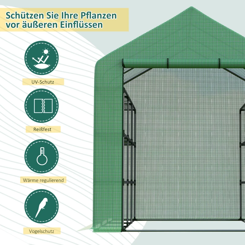 Outsunny Foliengewächshaus begehbares Gewächshaus mit 8 Regalebenen Tomatengewächshaus Treibhaus Frühbeet mit Tür Grün Stahl PE-Kunststoff 244 x 180 x 210 cm