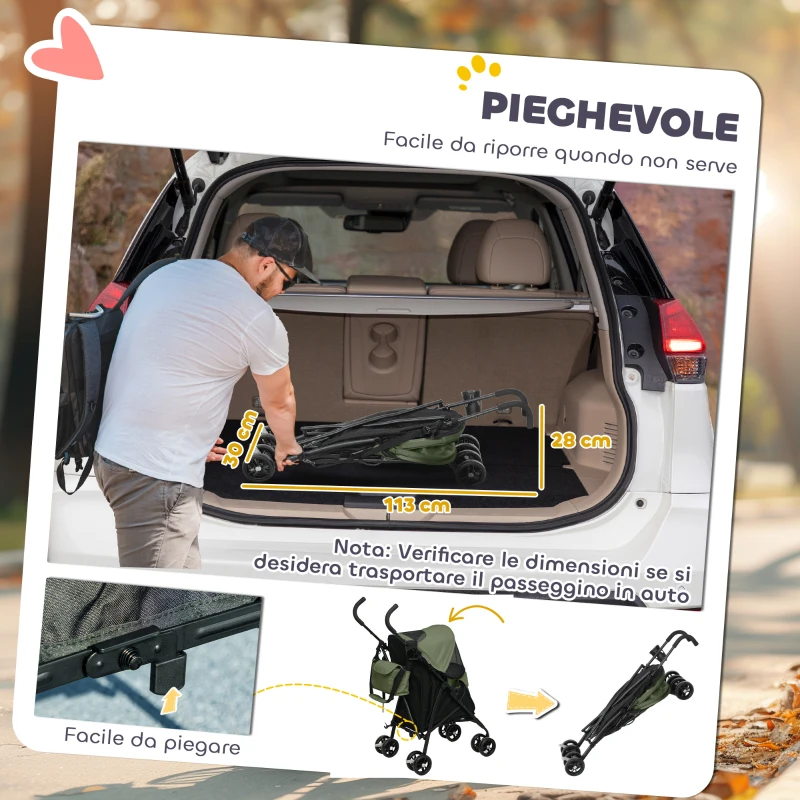 PawHut Passeggino per Cani con 2 Finestre a Rete, in Acciaio e Tessuto Oxford, 76x44x103 cm, Nero e Verde Scuro