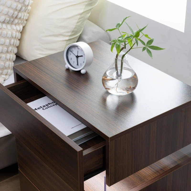 LED Nightstand with Acrylic Board and 3 Drawers, Modern Bedside Table with RGB LED Light, 50L x 37.5W x 60H cm, Walnut