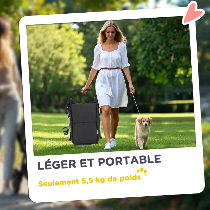 PawHut Poussette pour chien 4 roues légère et pliable, coussin lavable, laisse de sécurité, fenêtre à mailles multiples, gris