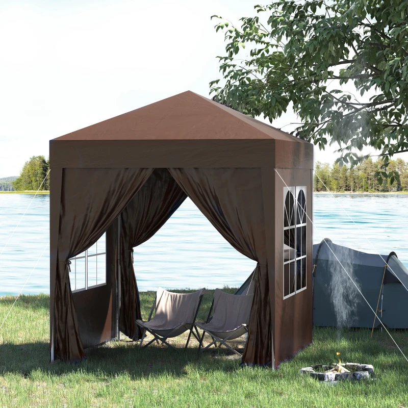 Outsunny 2 x 2 m Garden Pop Up Gazebo, Wedding Party Tent Marquee, Water Resistant Awning Canopy with Sidewalls, Windows, Carry Bag, Coffee(m-10)