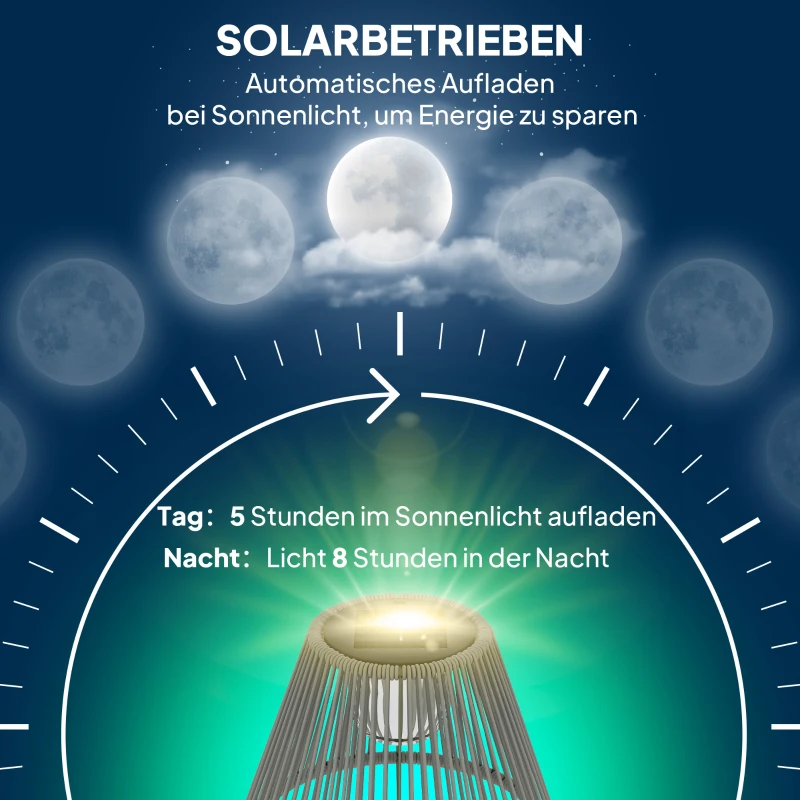 Outsunny Solar Stehlampe Rattan Solarlampen mit Lichtsensor 25 LED-Lichte Solarleuchte im Boho-Stil Ø33 x 135 cm