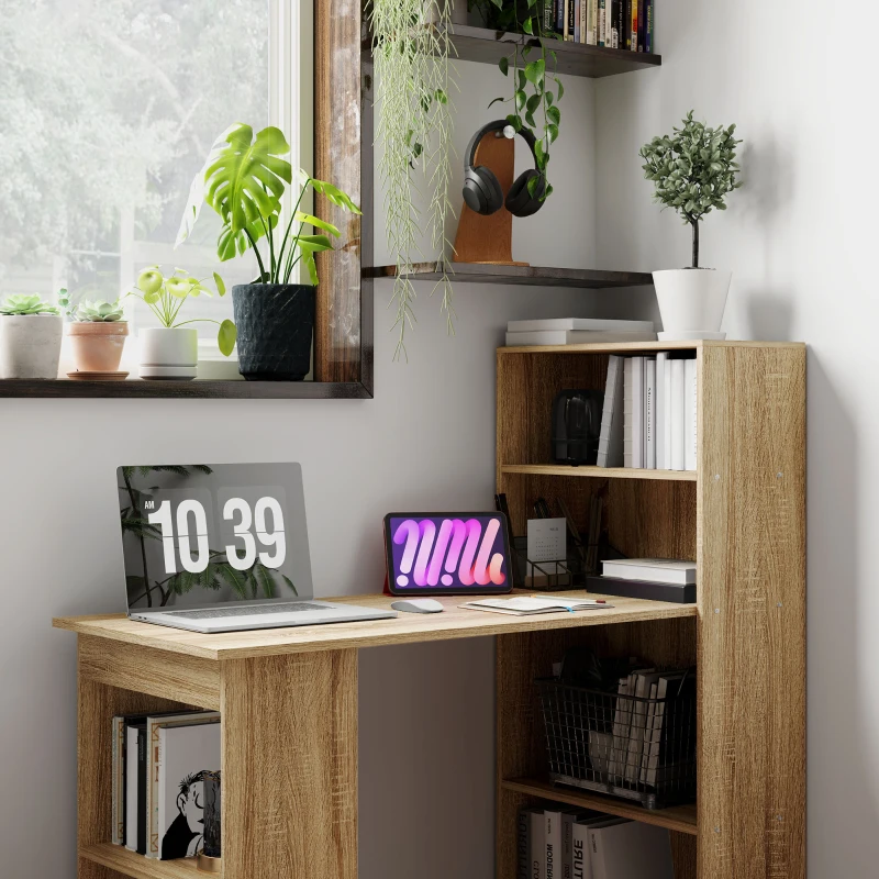 HOMCOM Bureau Informatique avec étagère de rangement Bureau d'angle bibliothèque adjacente Multi-rangements Chêne