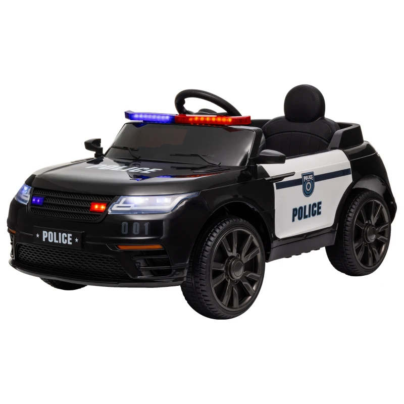 AIYAPLAY Carro Elétrico de Policia para Crianças com Bateria 12V Controlo Remoto Farol Buzina Sirene e Música 112x66x50 cm Preto