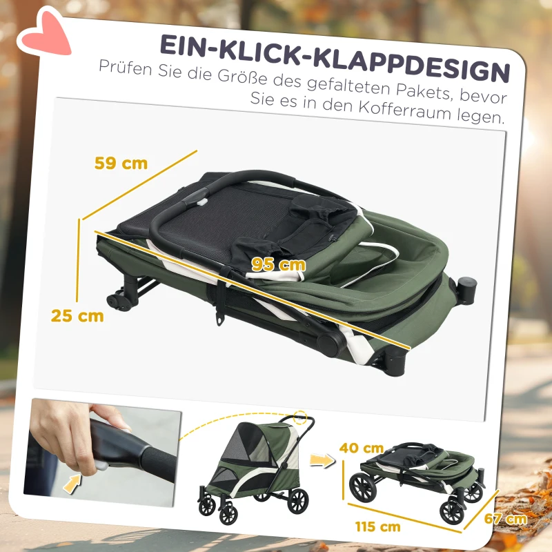 PawHut Hundewagen, Faltbarer Hundebuggy für große Hunde, Haustierwagen mit 4 Rädern, Sicherheitsleinen, Bremsen, Dunkelgrün(m-5)