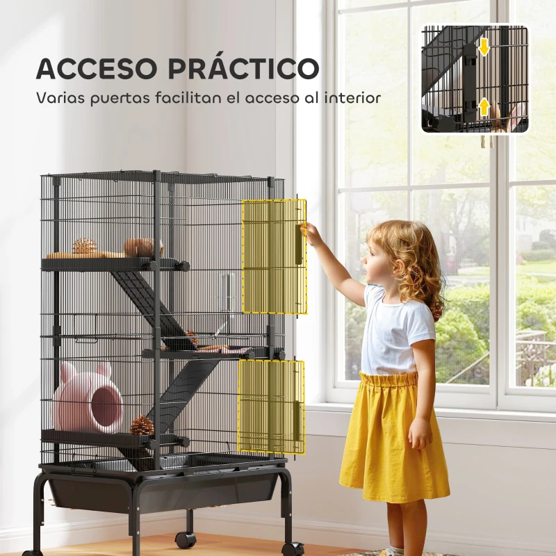 PawHut Jaula para Animales Pequeños de 4 Niveles con Ruedas Rampas Cuenco Botella de Agua 69x44x120 cm Negro