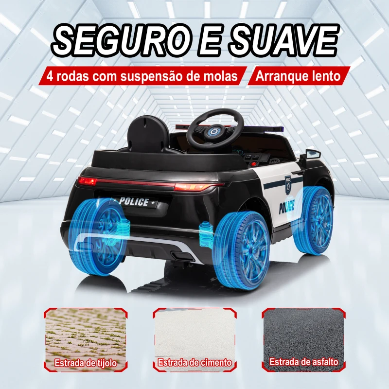 AIYAPLAY Carro Elétrico de Policia para Crianças com Bateria 12V Controlo Remoto Farol Buzina Sirene e Música 112x66x50 cm Preto