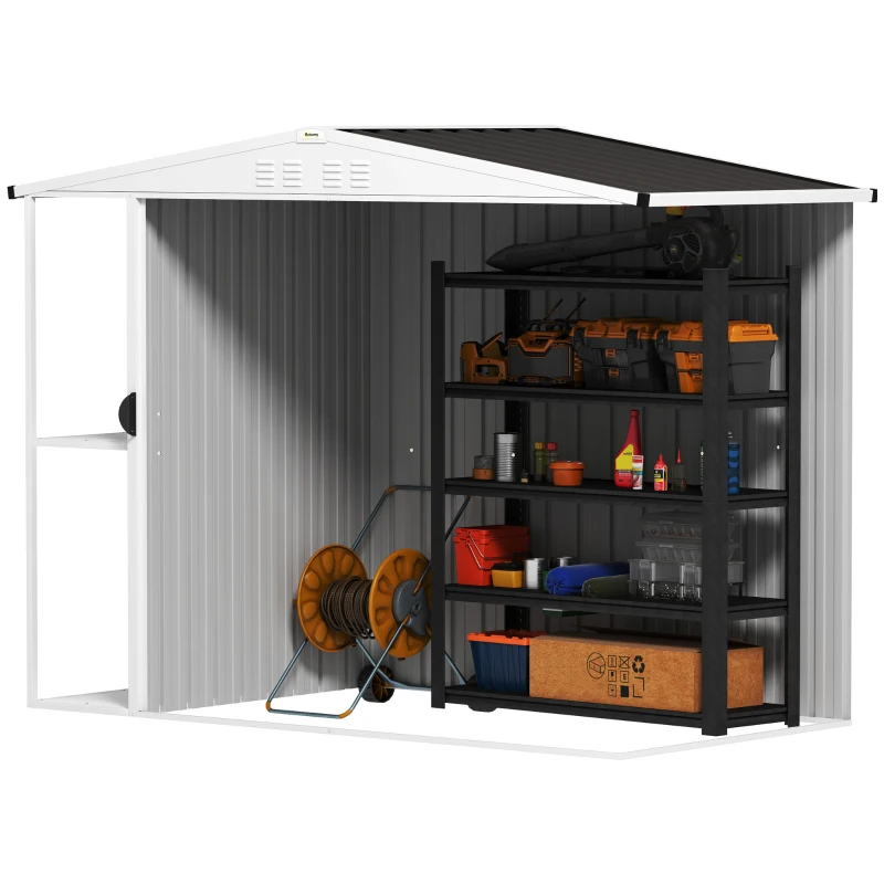 Outsunny Abrigo de Jardim 2,7m² 245x117x180 cm Abrigo de Exterior com Prateleira de 2 Níveis 4 Ventilações e Porta com Fechadura Cinzento Escuro