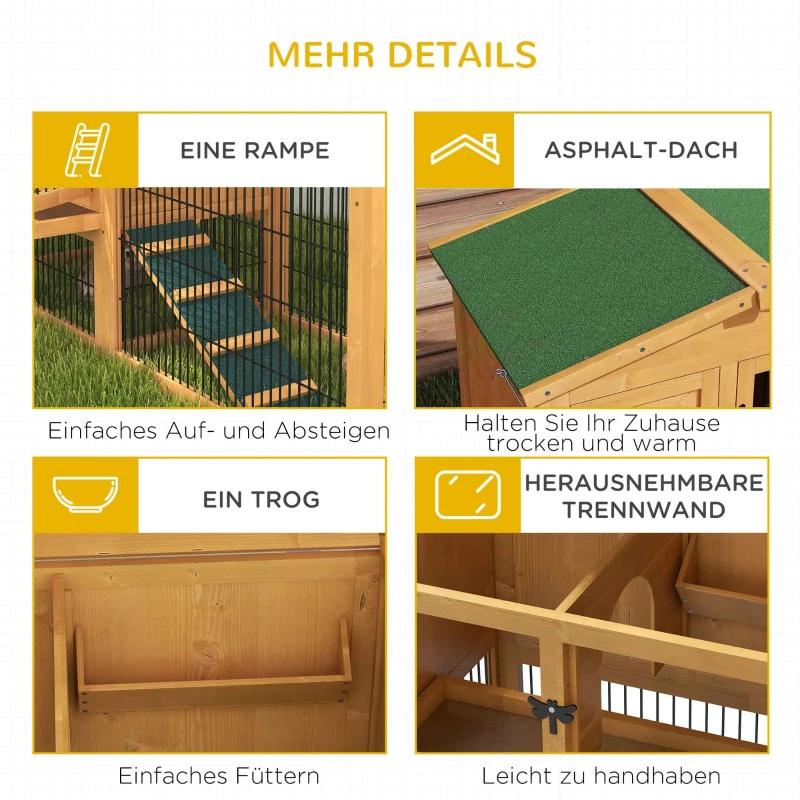 PawHut Hasenstall 2 Ebenen Kaninchenstall Tannenholz Winterfest Doppelstockhaus mit Freilaufgehege Rampe 150x52x68 cm Gelb(m-7)