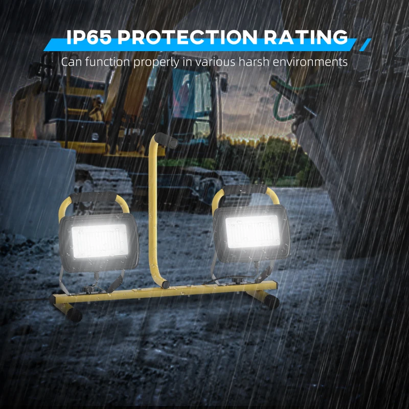 HOMCOM Projetor LED Duplo Recarregável com Tripé Dobrável 8500 Lúmenes IP65 6500K e Ajustáveis para Trabalho Amarelo e Preto