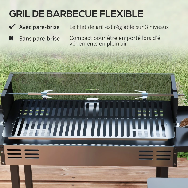 Outsunny Barbecue charbon de bois BBQ avec grille de gril à 3 niveaux et étagères latérales pliables, 118 x 32 x 90 cm, noir