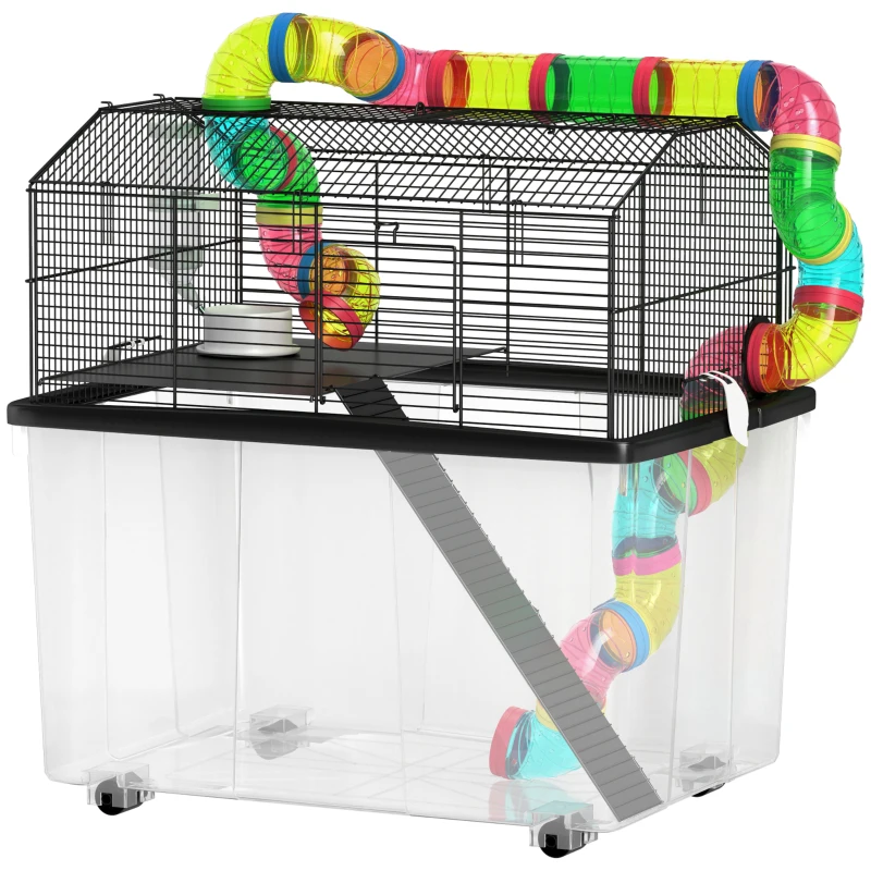 PawHut Two-Tier Hamster Cage with 31cm Deep Tray, Tube System, Water Bottle, Ramp, Feeding Bowl, Multicoloured