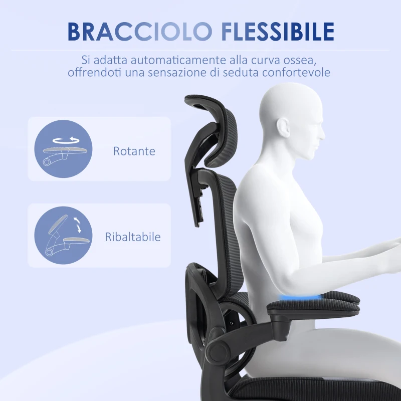 Vinsetto Sedia da Ufficio ad Altezza Regolabile con Inclinazione e Supporto Lombare, 62x58x120-133 cm, Nera