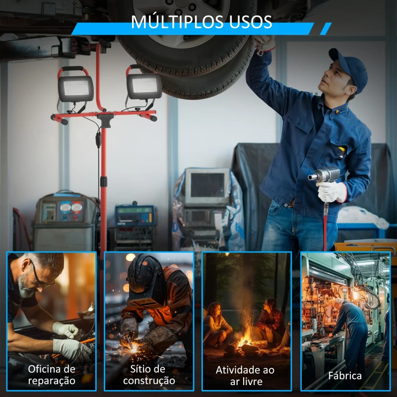 HOMCOM Projetor LED Duplo Recarregável com Tripé Dobrável 8500 Lúmenes IP65 6500K e Ajustáveis para Trabalho Vermelho e Preto
