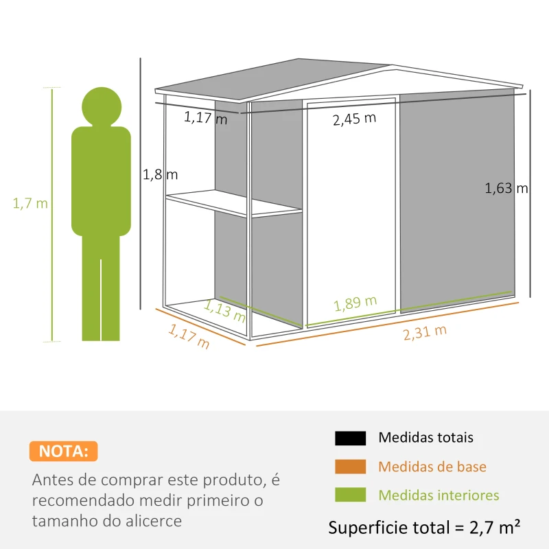 Outsunny Abrigo de Jardim 2,7m² 245x117x180 cm Abrigo de Exterior com Prateleira de 2 Níveis 4 Ventilações e Porta com Fechadura Cinzento Escuro