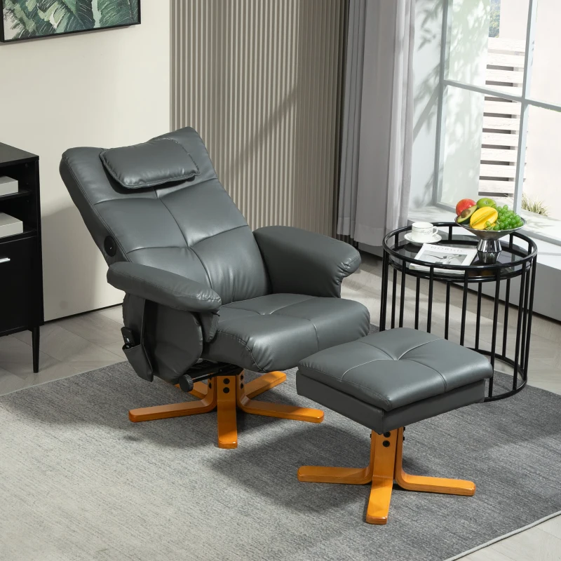 HOMCOM /Massagesessel mit Hocker, verstellbare Lehne, USB-Ladeport, Lederoptik, bis 150 kg, Dunkelgrau