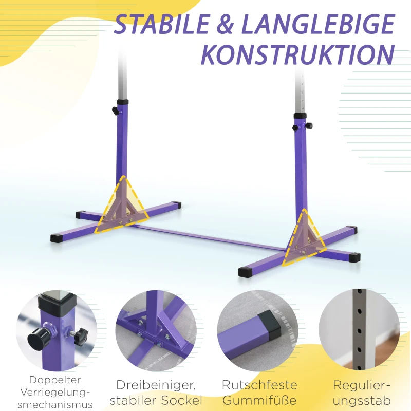 HOMCOM Gymnastik-Turnreck, Reckstange, 13-stufig höhenverstellbar, bis 75 kg belastbar, Stahl, Buchenholz, Lila(m-6)