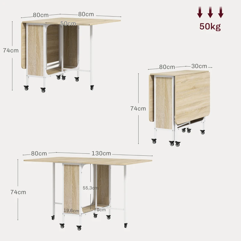 HOMCOM Mesa de Cocina Plegable con Ruedas Alas Abatibles y Estante Mesa Plegable para Salón 130x80x74 cm Madera Natural