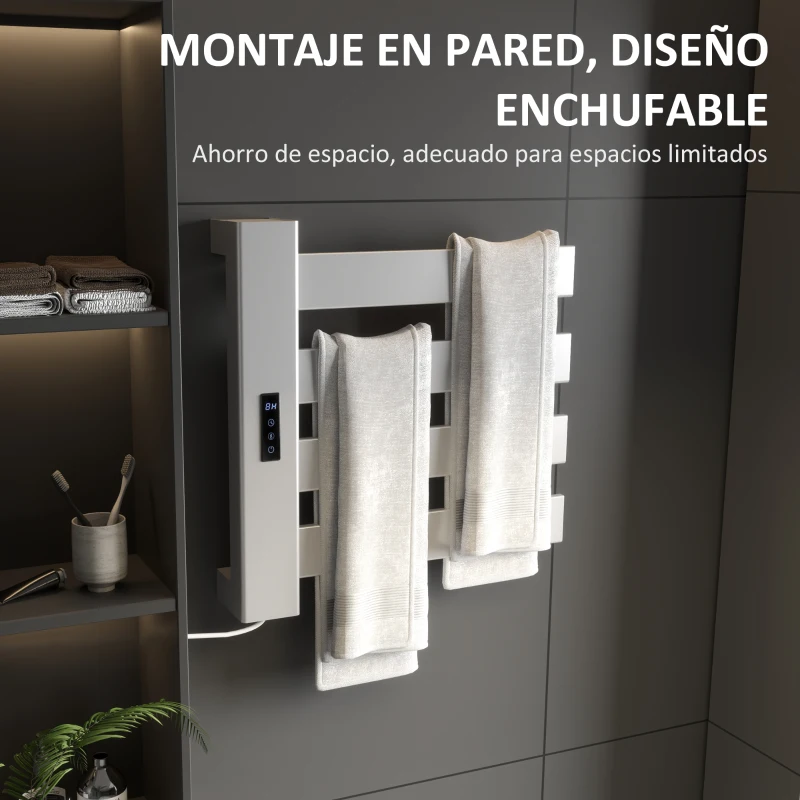 HOMCOM Toallero Eléctrico de Pared para Baño con 4 Barras Calentamiento Rápido Wi-Fi y Pantalla Táctil 47,5x9,5x49 cm Blanco