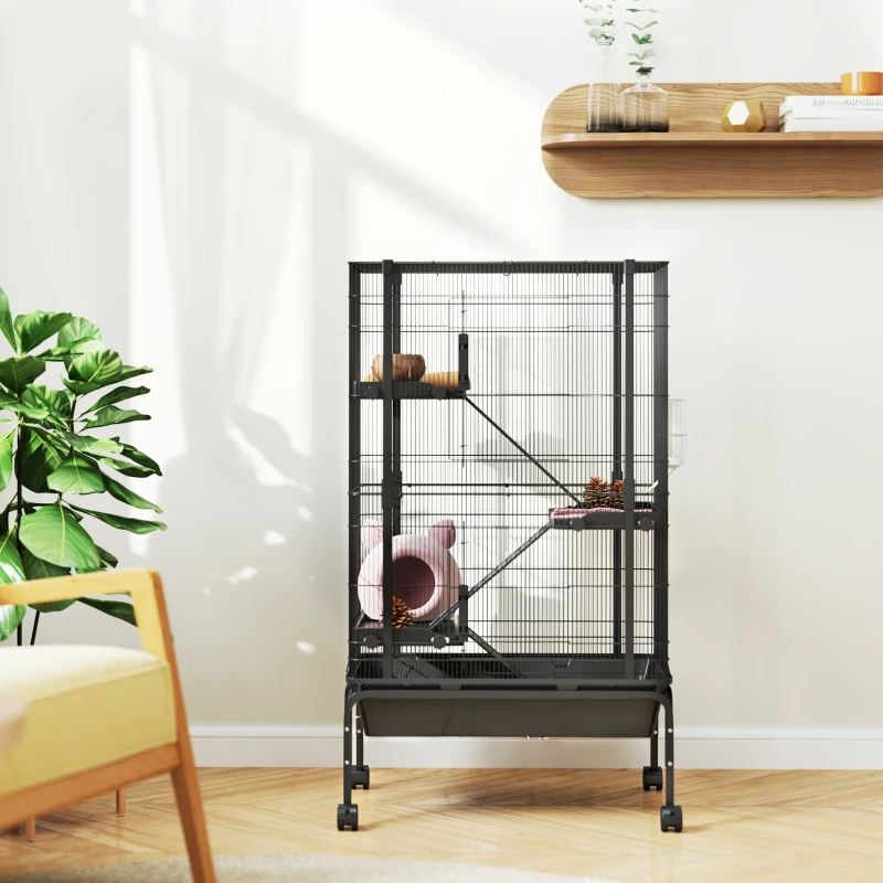 PawHut Jaula para Animales Pequeños de 4 Niveles con Ruedas Rampas Cuenco Botella de Agua 69x44x120 cm Negro