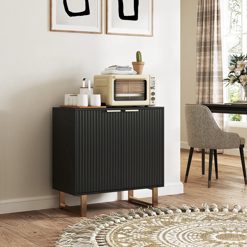 HOMCOM Buffet salon meuble de rangement style moderne avec placard à 2 portes cannelées, étagère réglable, pieds en métal, noir