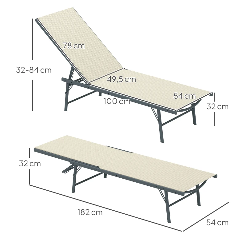 Outsunny Juego de 2 Tumbonas Plegables Reclinables en 5 Posiciones con Estructura Metálica y Asiento de Malla Transpirable Crema