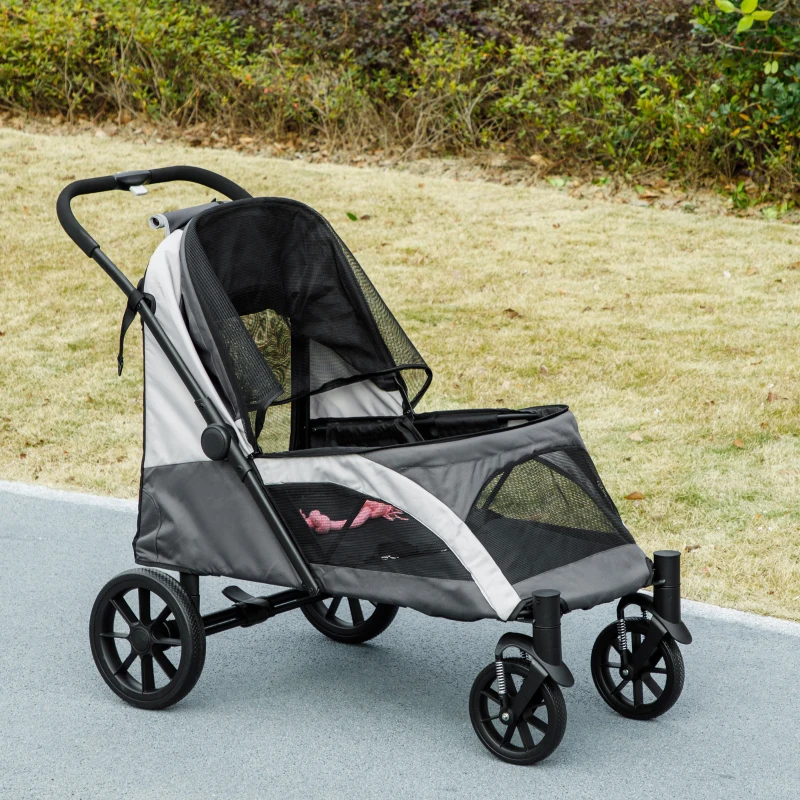 PawHut Hundewagen, Faltbarer Hundebuggy für große Hunde, Haustierwagen mit 4 Rädern, Sicherheitsleinen, Bremsen, Dunkelgrau(m-8)