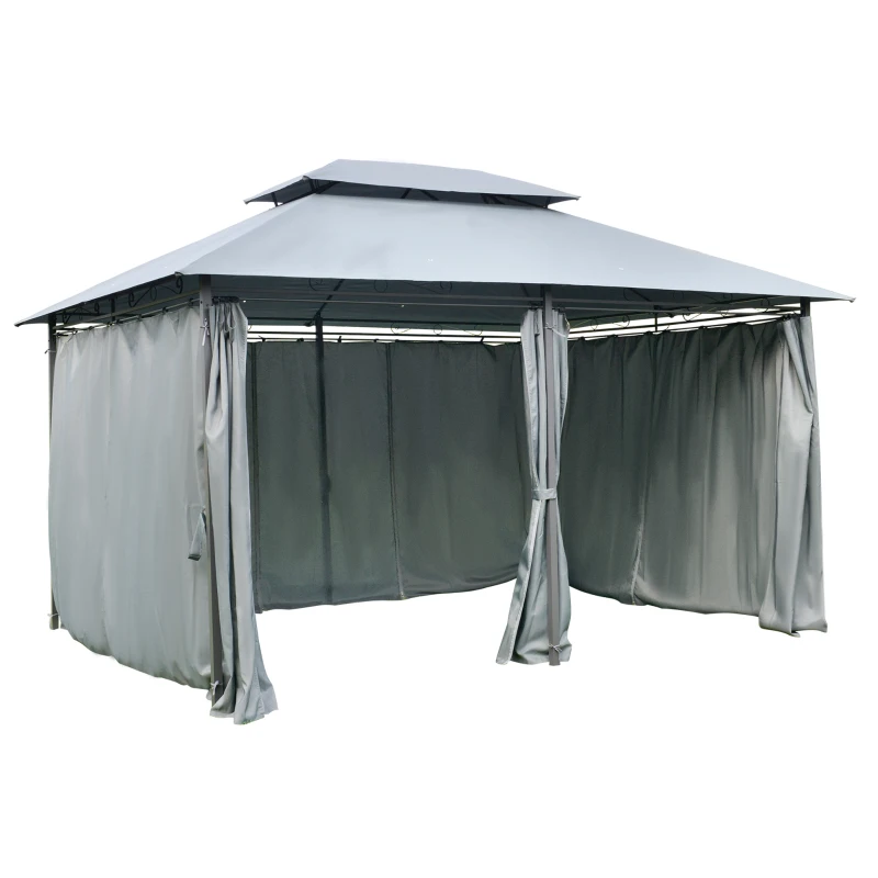 Outsunny 4m x 3(m)Garden Gazebo, Double Roof Outdoor Gazebo Canopy Shelter with Curtains, Solid Steel Frame for Lawn and Deck, Grey