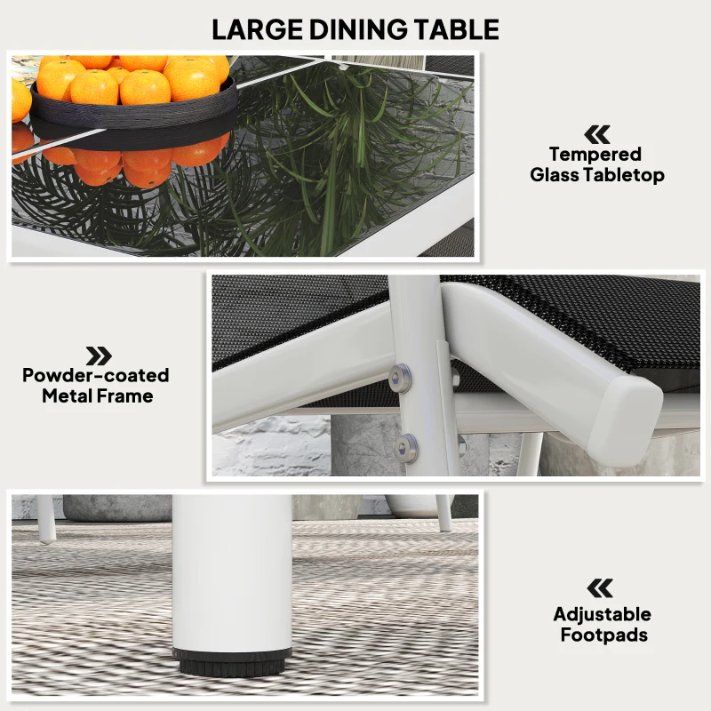 Outsunny Set de Grădină cu Masă Dreptunghiulară din Sticlă și 6 Scaune Stivuibile, 150x90x72 cm, Negru