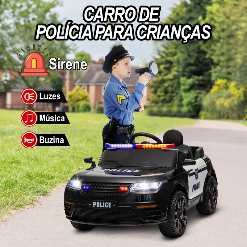 AIYAPLAY Carro Elétrico de Policia para Crianças com Bateria 12V Controlo Remoto Farol Buzina Sirene e Música 112x66x50 cm Preto