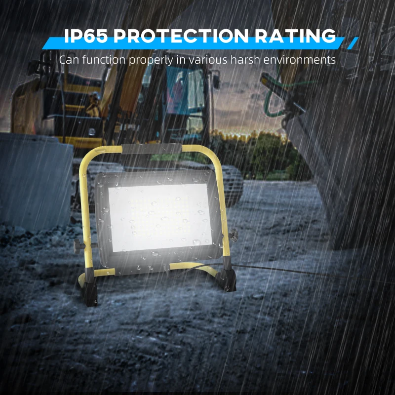 HOMCOM Projetor LED Recarregável com Cabeças e Suporte Ajustáveis 100W 8500 Lúmenes IP65 6500K Refletor LED Portátil 35x20x32 cm Amarelo