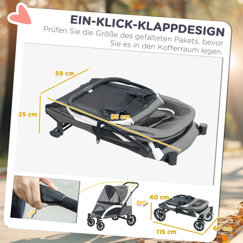 PawHut Hundewagen, Faltbarer Hundebuggy für große Hunde, Haustierwagen mit 4 Rädern, Sicherheitsleinen, Bremsen, Dunkelgrau(m-5)