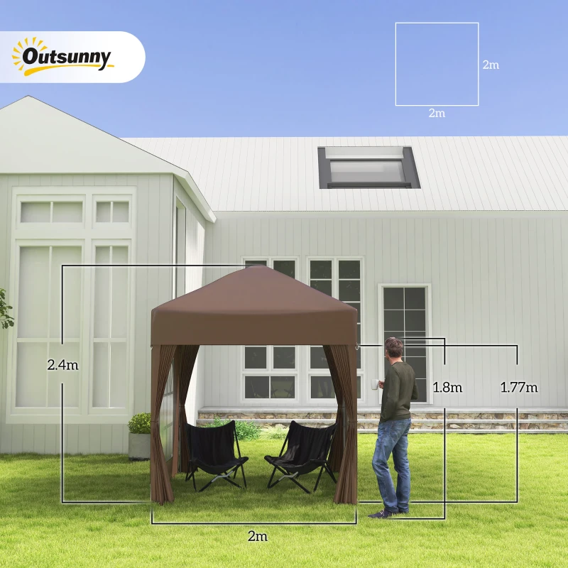 Outsunny 2 x 2 m Garden Pop Up Gazebo, Wedding Party Tent Marquee, Water Resistant Awning Canopy with Sidewalls, Windows, Carry Bag, Coffee(m-3)