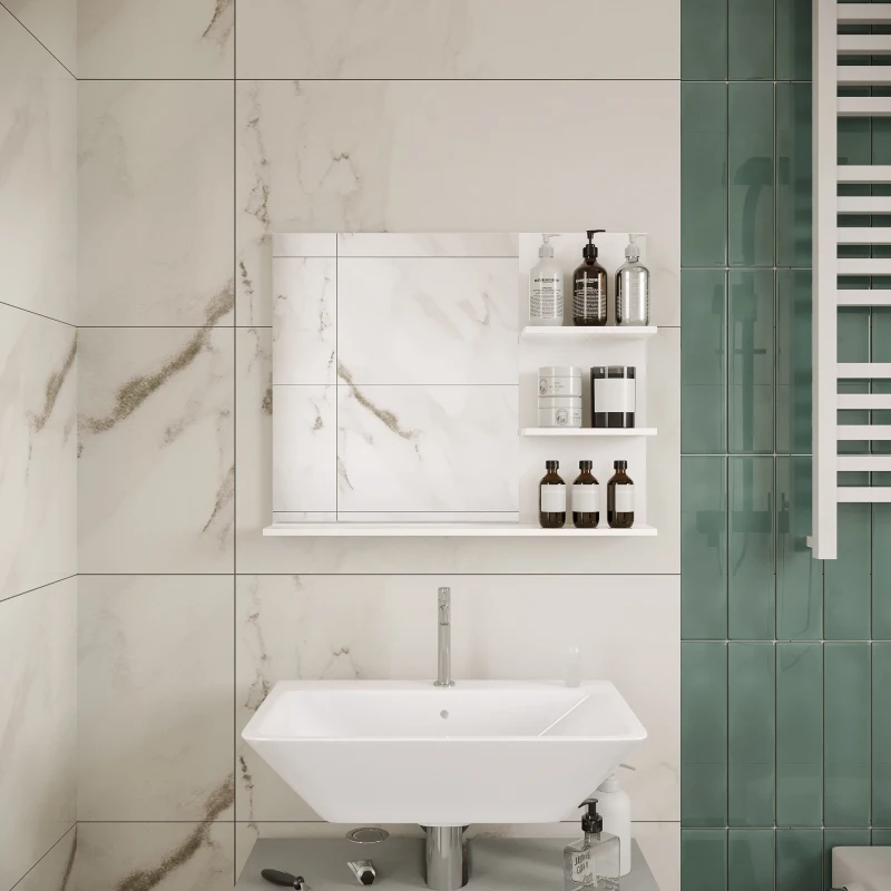HOMCOM Miroir de Salle de Bain avec étagères - 2 étagères latérales + Grande étagère inférieure - kit Installation fourni - MDF Blanc