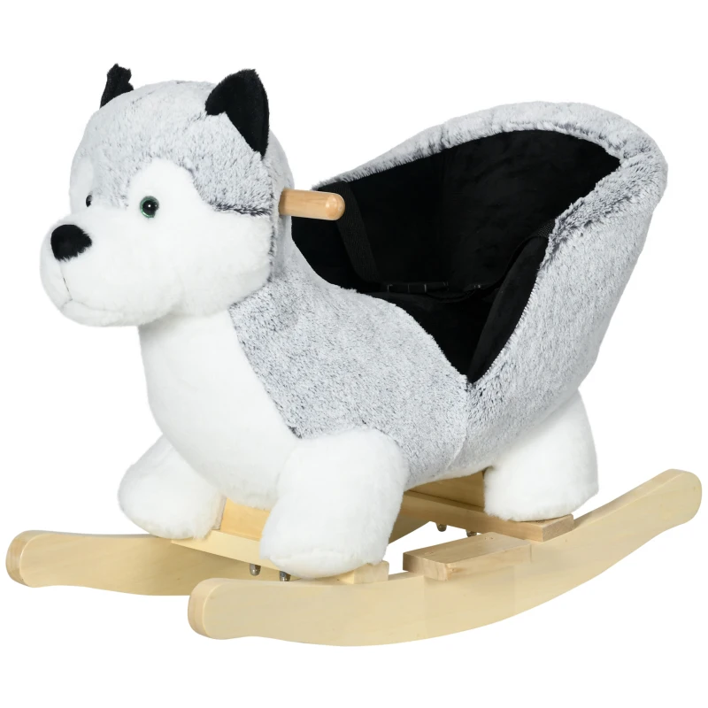 HOMCOM Baloiço com Forma de Cão Husky para Crianças com Sons Cinto de Segurança e Apoio para os Pés 60x33x50 cm Branco e Cinza
