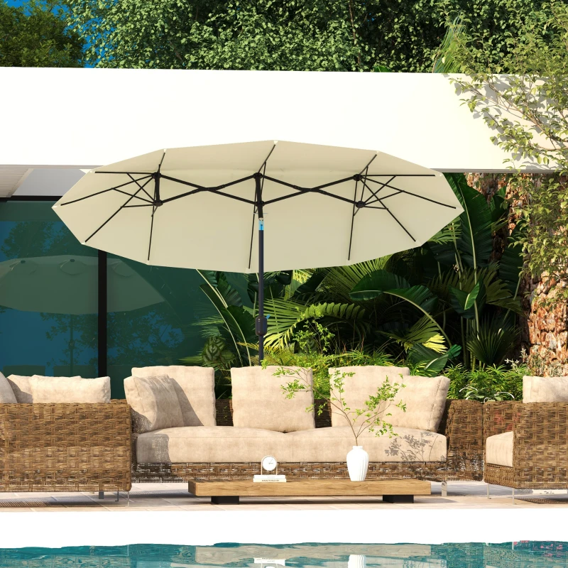 Outsunny Chapéu de Sol Duplo Chapéu de Sol de Jardim com Inclinação de 45° Manivela Estrutura de Aço 285x147x227cm Bege