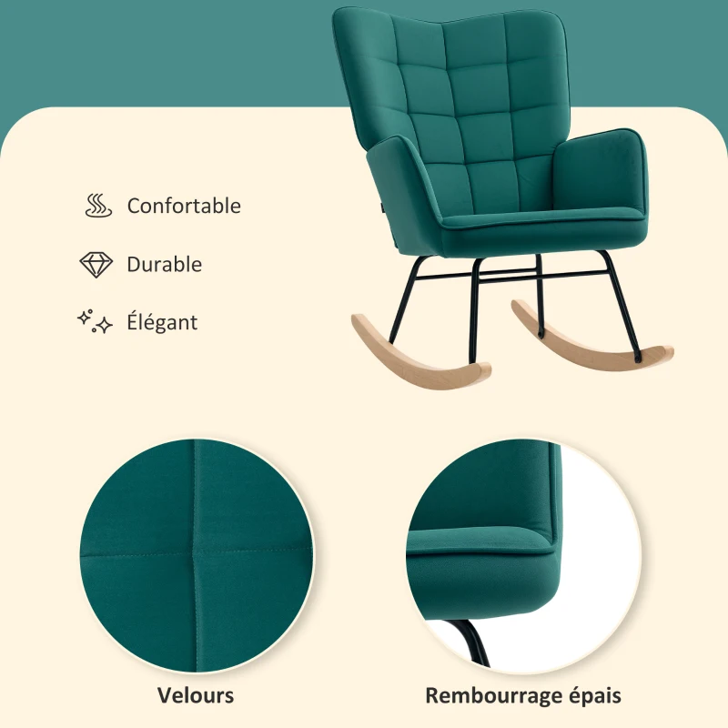 HOMCOM Fauteuil à bascule rocking chair revêtement en velous structure en acier 71 x 98 x 101 cm Vert