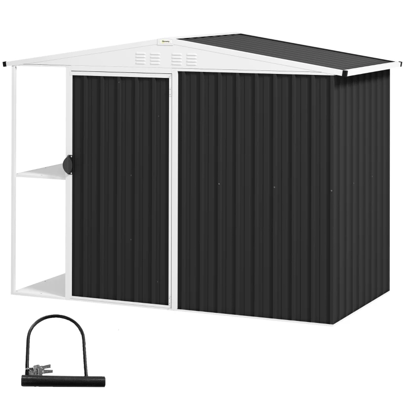 Outsunny Abrigo de Jardim 2,7m² 245x117x180 cm Abrigo de Exterior com Prateleira de 2 Níveis 4 Ventilações e Porta com Fechadura Cinzento Escuro