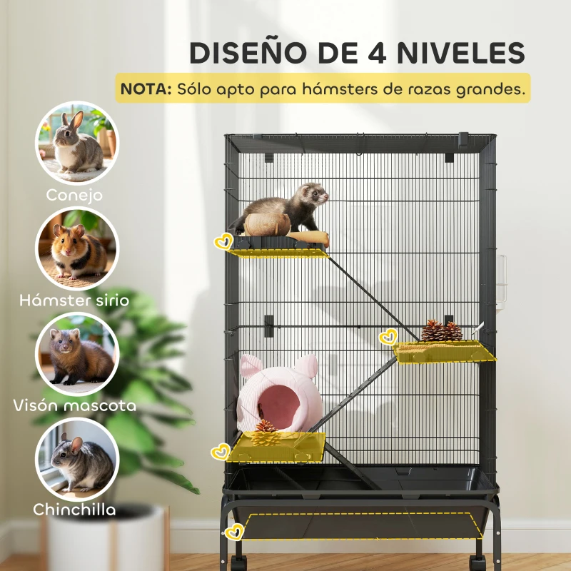 PawHut Jaula para Animales Pequeños de 4 Niveles con Ruedas Rampas Cuenco Botella de Agua 69x44x120 cm Negro