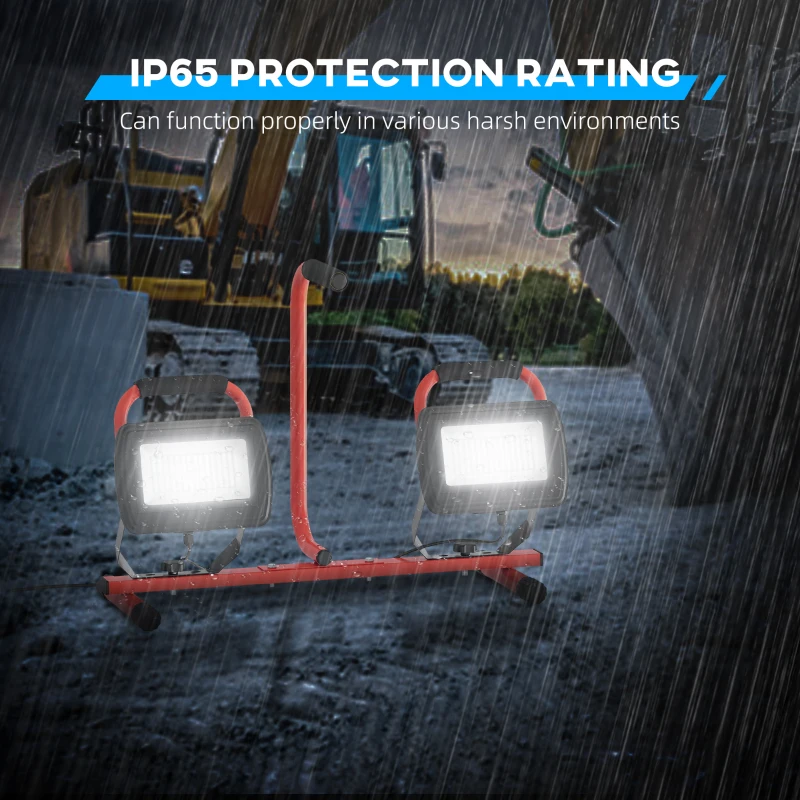 HOMCOM Projetor LED Duplo Recarregável com Tripé Dobrável 8500 Lúmenes IP65 6500K e Ajustáveis para Trabalho Vermelho e Preto