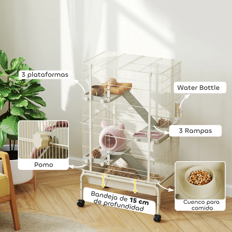 PawHut Jaula para Animales Pequeños de 4 Niveles con Ruedas Rampas Cuenco Botella de Agua 69x44x120 cm Beige
