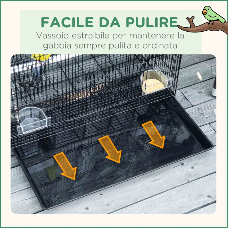 PawHut Gabbia per Uccelli con 2 Posatoi e 3 Ingressi in Filo Metallico e Plastica, 60x41x41 cm, Nero