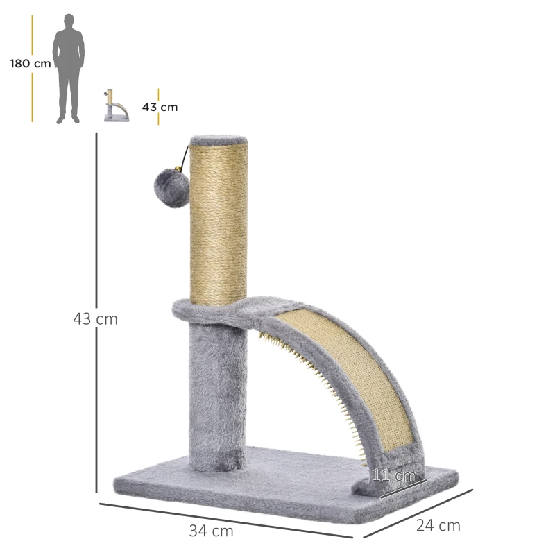PawHut Albero Tiragraffi per Gatti con Arco Massaggiatore, Palo in Iuta e Pallina in Peluche, 34x24x43 cm, Grigio