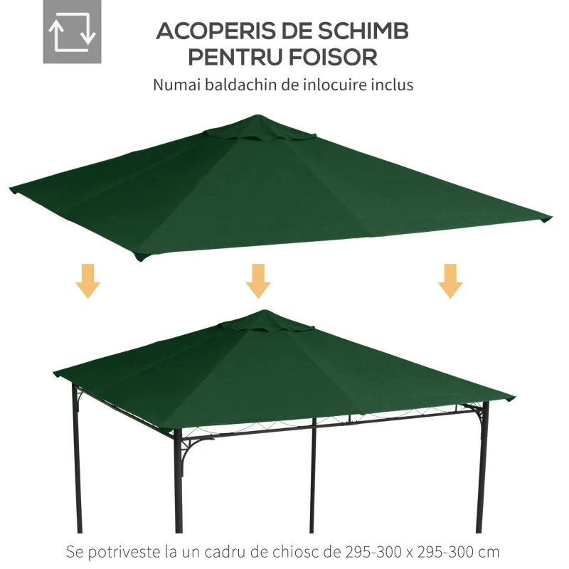 Outsunny Acoperis de Schimb 3x3m, Prelata de Schimb pentru Foisor de Gradina din Poliester cu  Orificiu de Ventilatie, Verde