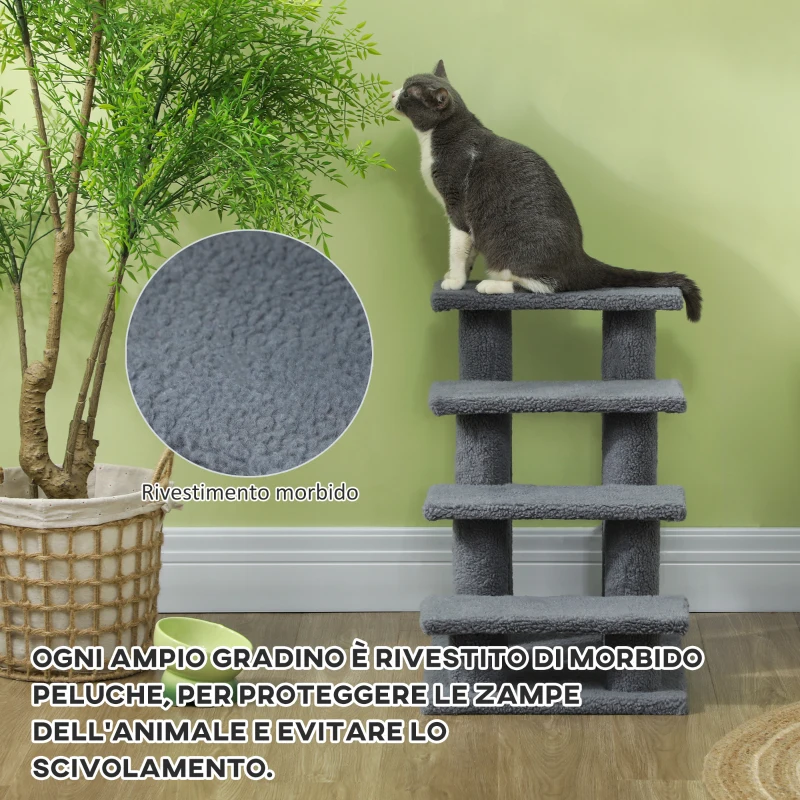 PawHut Scaletta per Cani e Gatti a 4 Gradini con Rivestimento in Peluche, 61x41x60 cm, Grigio