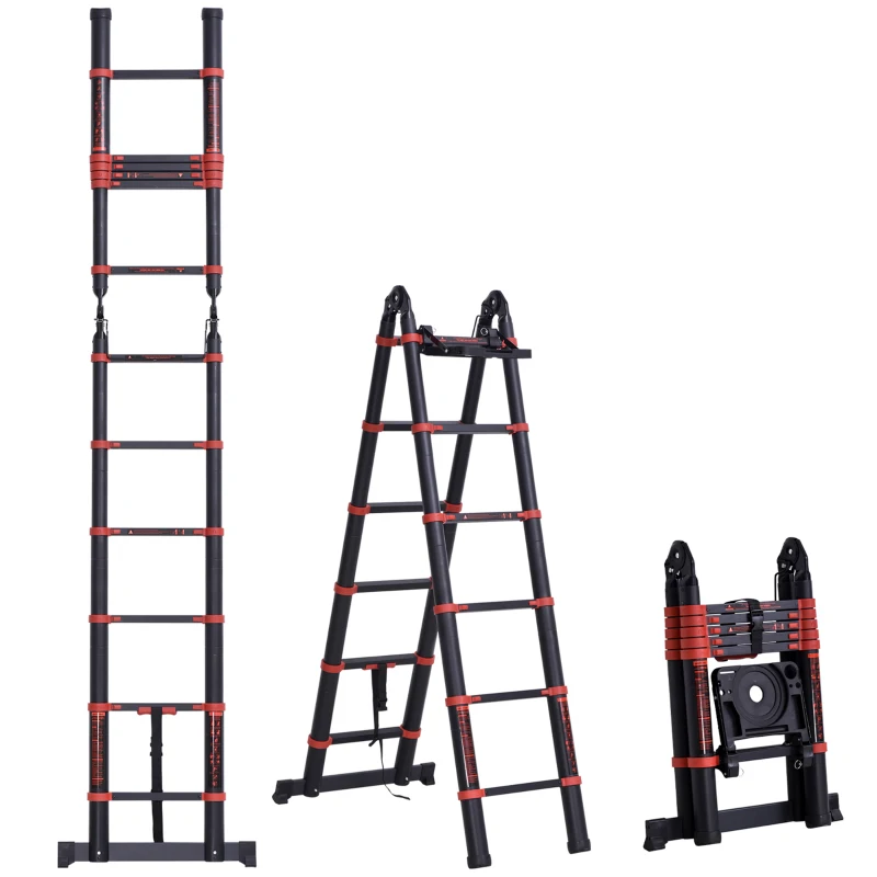 HOMCOM 3.8M Duo Aluminium Ladder w/ Tool Holder Herringbone Deployed Extendable DIY w/ 12 Non-Slip Steps, Red