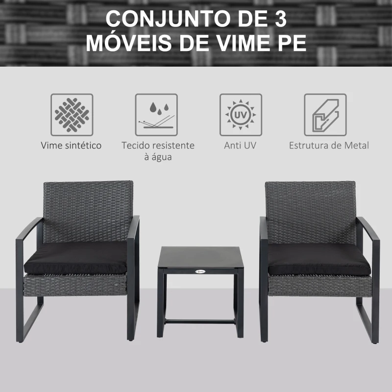Outsunny Conjunto de Móveis de Jardim de Vime 3 Peças com 1 Mesa 42,5x40x39 cm 2 Poltronas 63x57x76 cm Cinzento e Preto