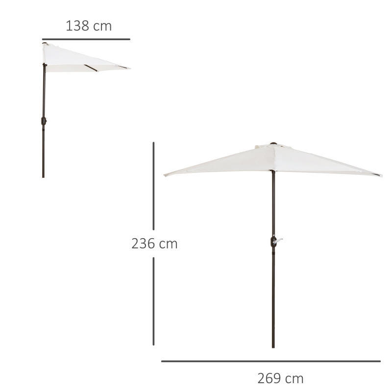 Outsunny Ombrellone Semicircolare da Parete per Giardino 2.7x1.5 m con Apertura a Manovella, Bianco